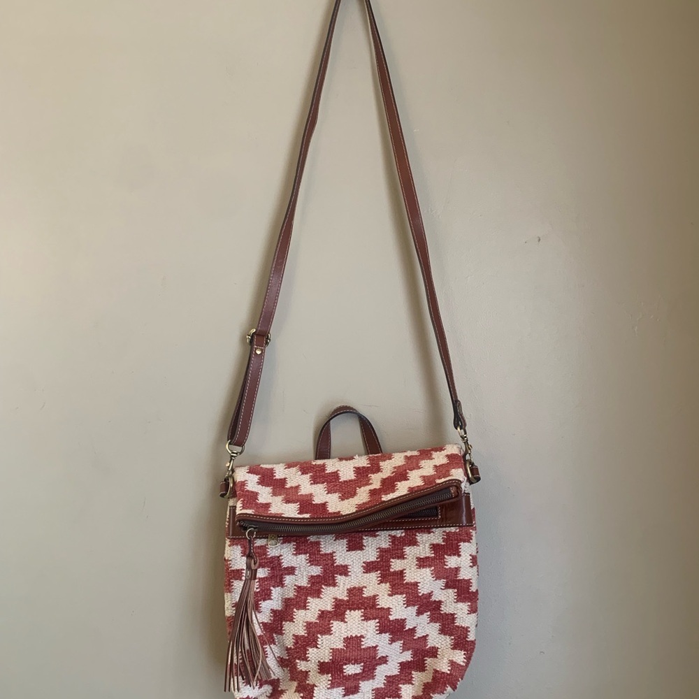 Patricia Nash Woven Casoli Convertible Backpack Papaya Crossbody Leather Trim - Picture 2 of 11